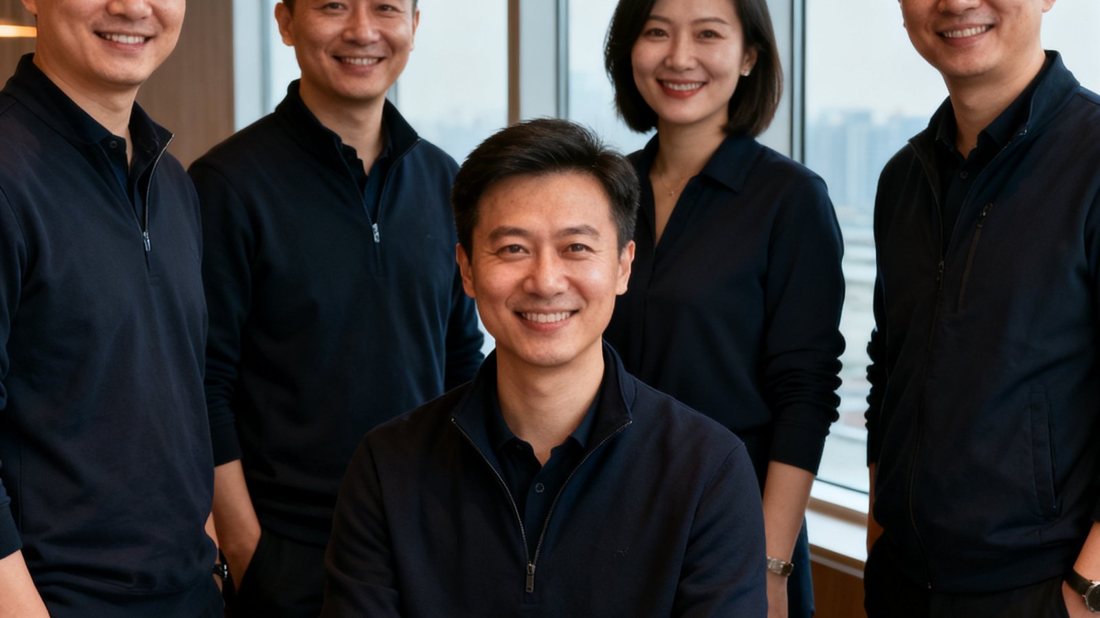 GBTJT贵宾厅集团五位创始团队成员在上海浦东旗舰贵宾厅内的合影，背景是落地窗和暖色调灯光，团队身着统一深色商务休闲装，面带微笑，展现出专业与亲和力兼具的品牌气质。