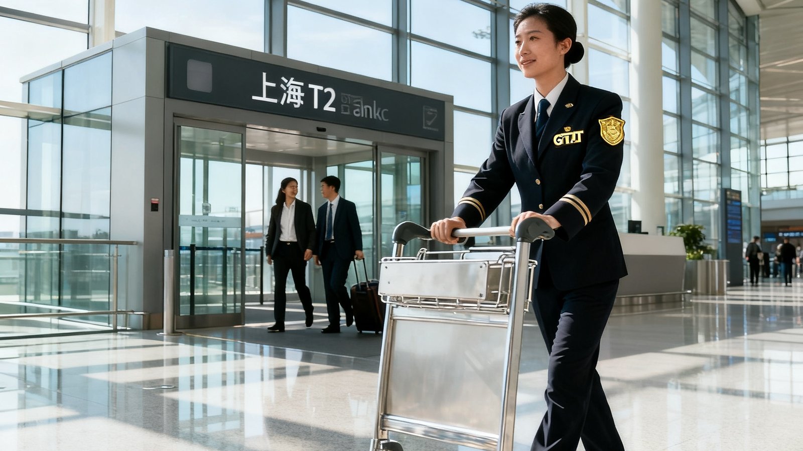 一位身穿深色制服、佩戴GBTJT金色徽章的礼宾专员正在机场到达口迎接商务旅客，手推行李车，背景是浦东机场T2到达大厅的现代玻璃幕墙结构，光线明亮通透。