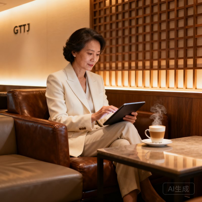 一位约40岁的干练女性商务人士，身穿米白色西装外套，坐在GBTJT贵宾厅的皮革沙发上手持平板电脑工作，身旁茶几上放着一杯冒着热气的拿铁咖啡，背景是柔和的暖色灯光和木质格栅装饰墙。